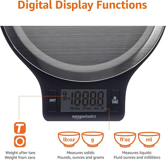 Digital kitchen scales with LCD display, Black and Stainless Steel