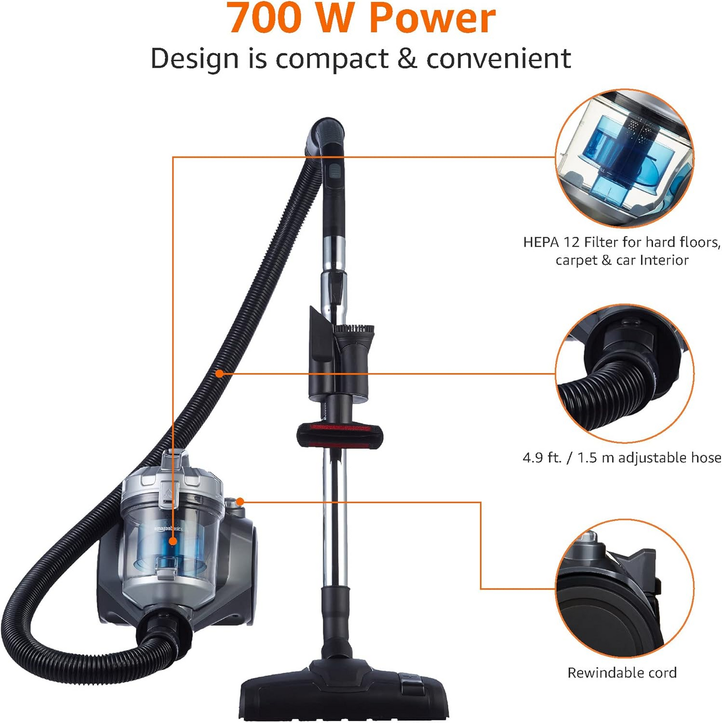 Vacuum Cleaner with HEPA filter for Hardfloor, Carpet & Car, Compact & Lightweight, 700W, Black